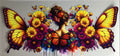 Colorful artwork of a woman surrounded by butterflies and flowers on a white background