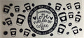 Decorative mat with coffee cup designs and text on a plain background