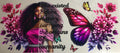 Decorative wall art with a woman's face, butterflies, and flowers on a plain background