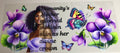 Decorative wall art with purple flowers, butterflies, and a quote on a white background